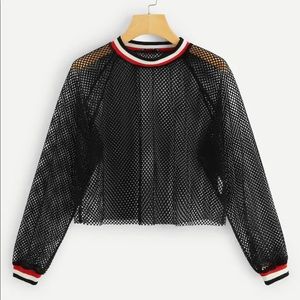 Striped Trim Mesh Sheer Crop Sweatshirt